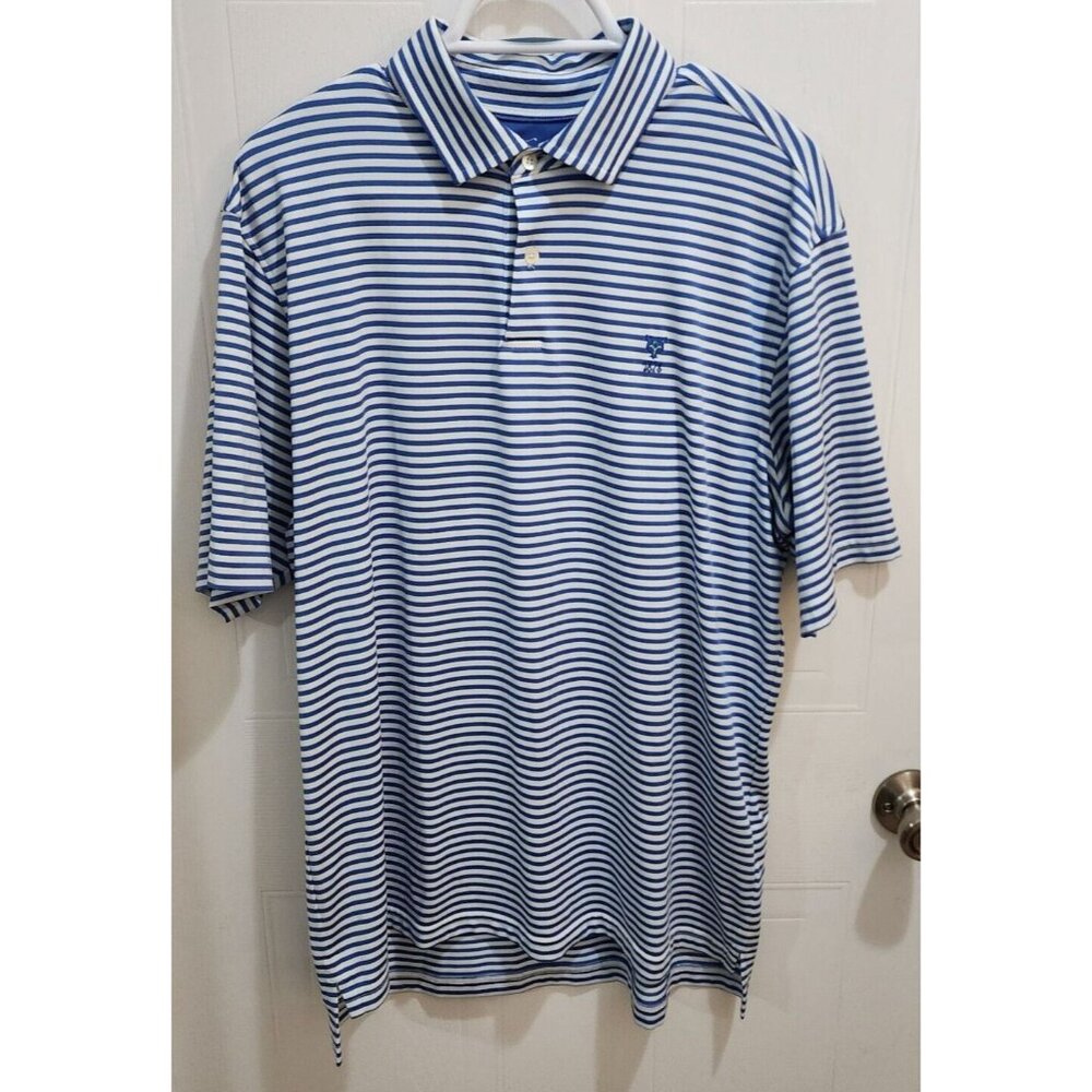 FG Tech Blue White Striped Short Sleeve Golf Stretch Polo Shirt Size L‎ USA Made